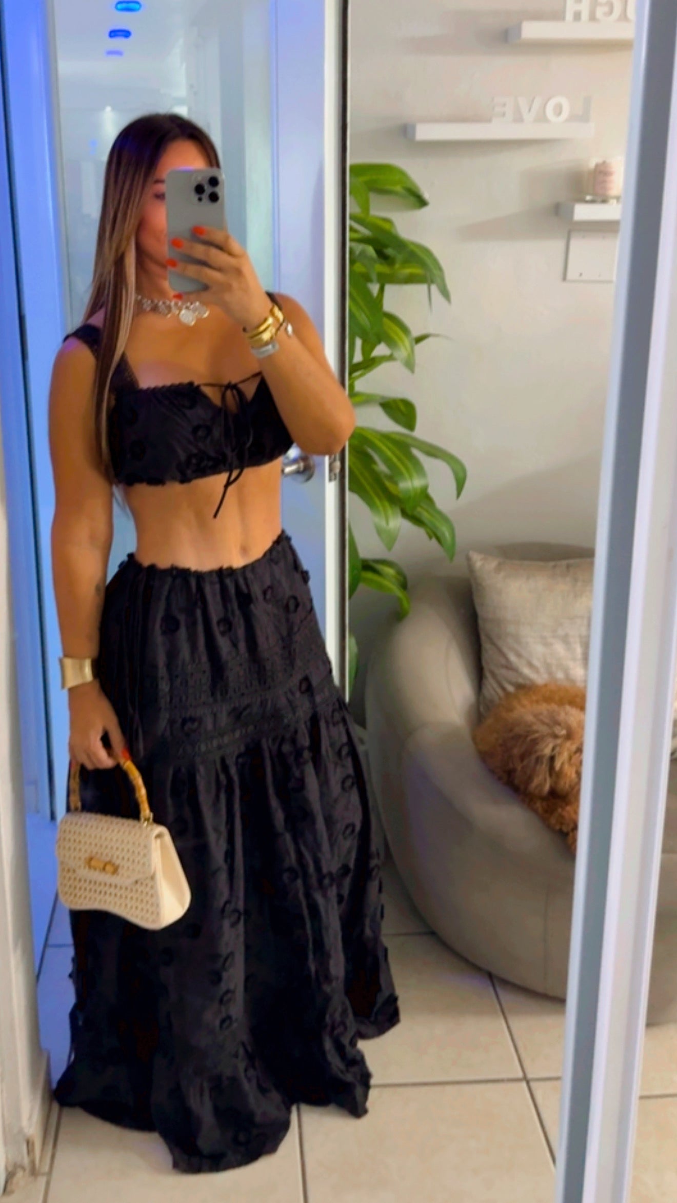 Embroidery Black Skirt Set (spandex)