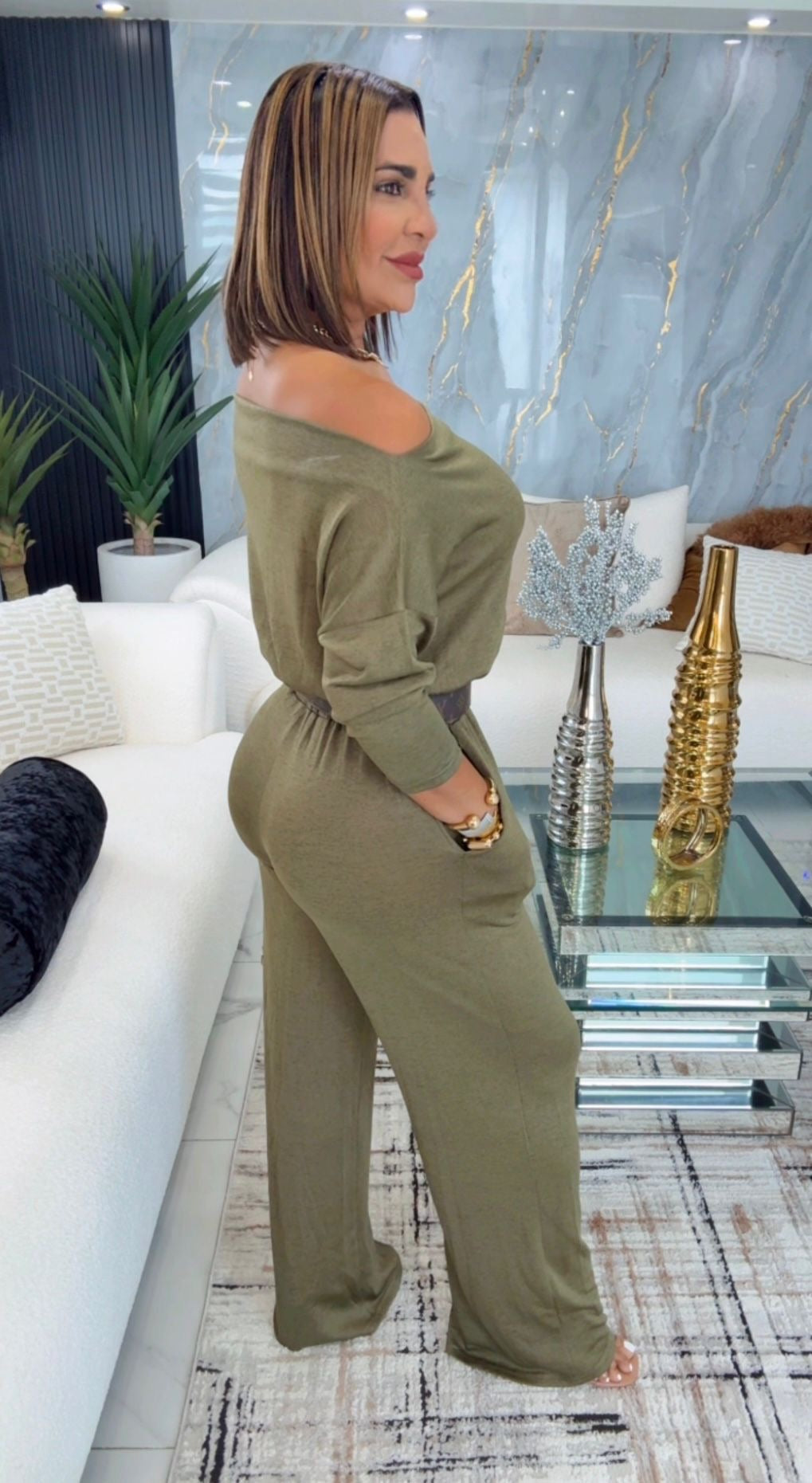 Argelia Olive Jumpsuit (stretch) no incluye cinturón