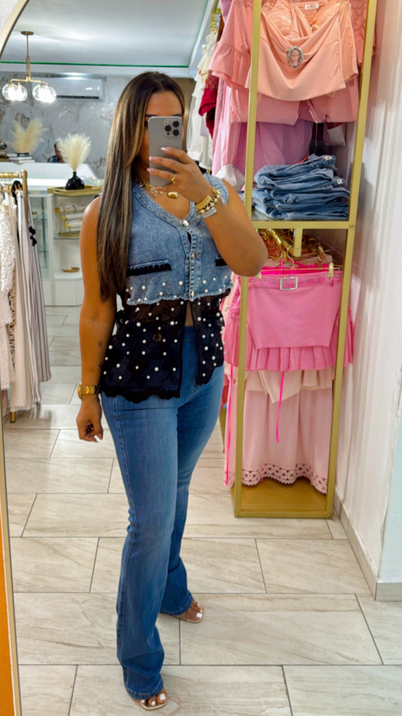 Pearl Denim & Black Top (stretch)