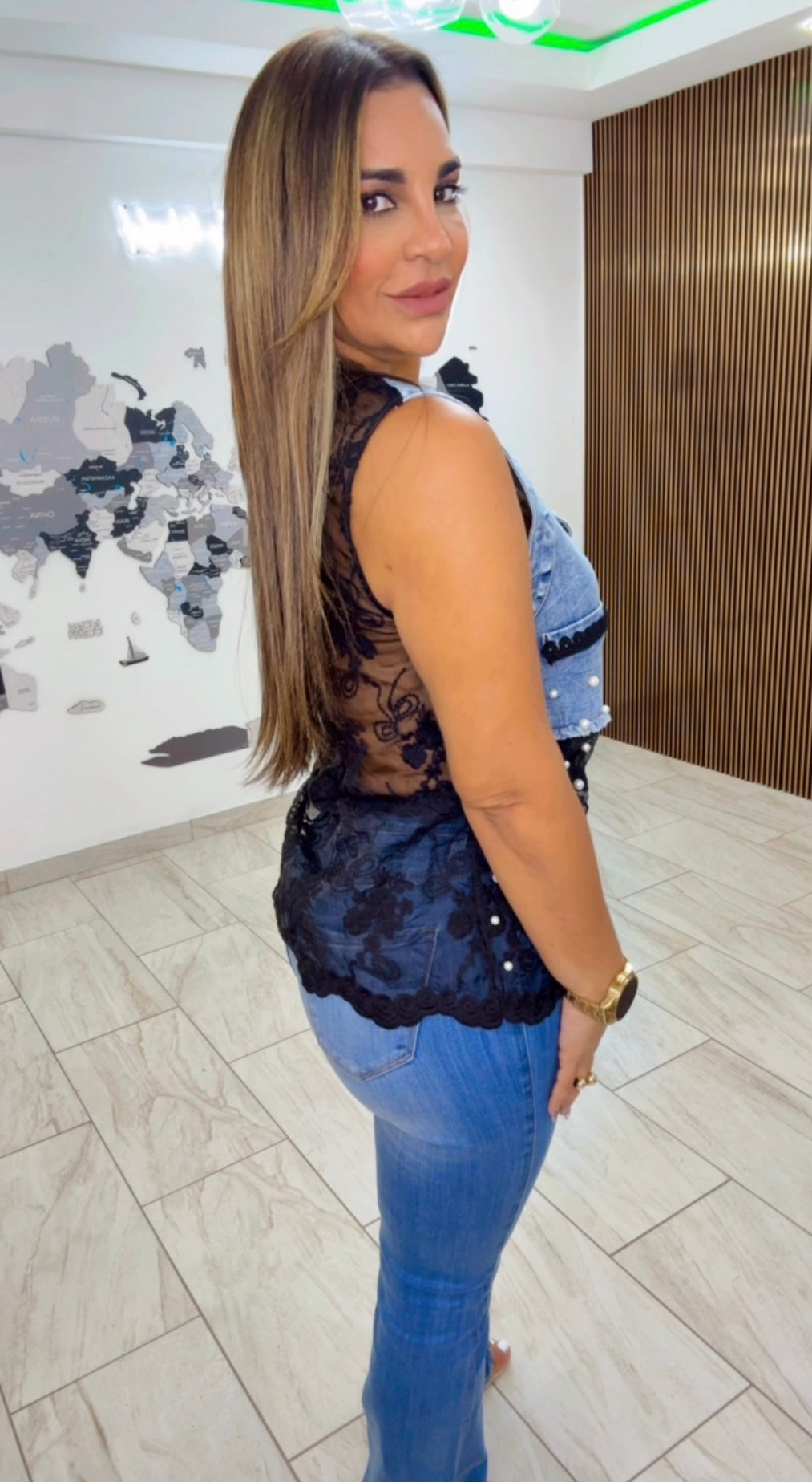 Pearl Denim & Black Top (stretch)