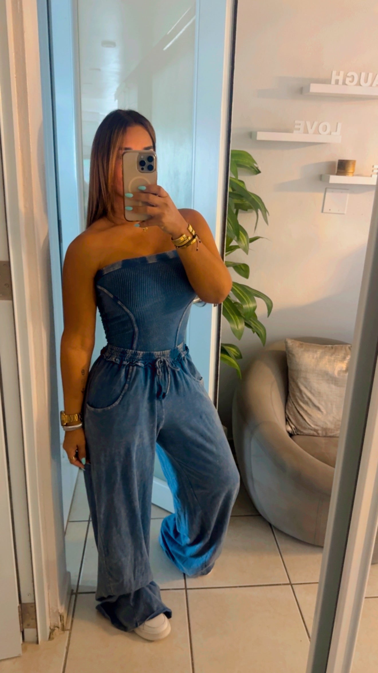 Blue Mineral Wash Jumpsuit (spandex)