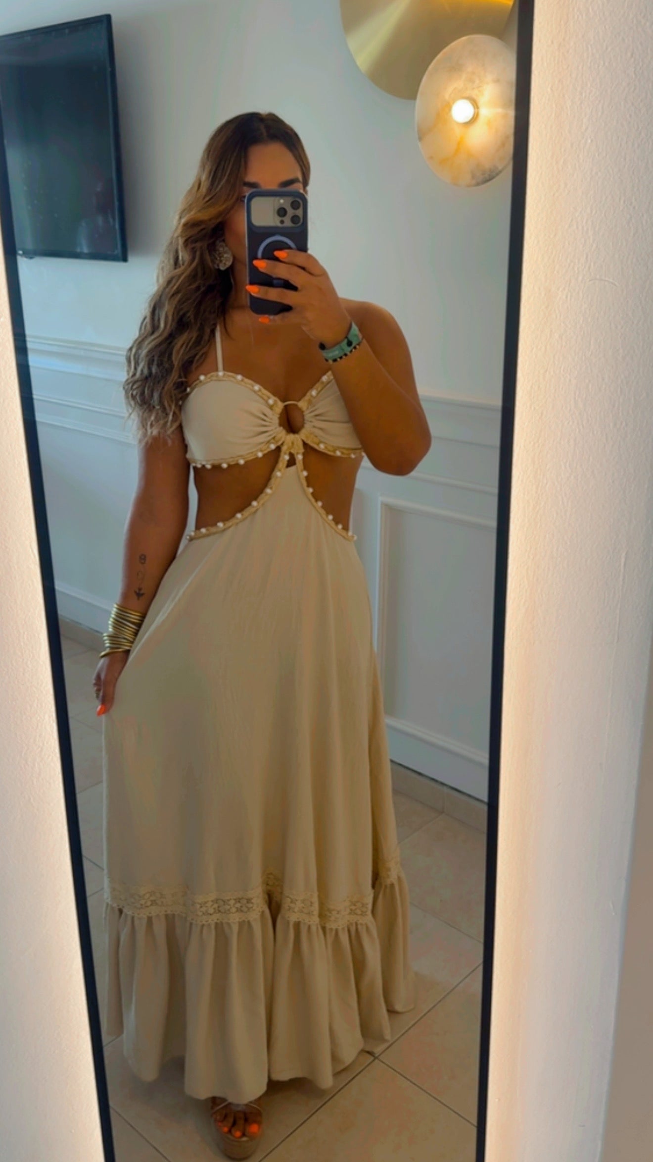 Saona Beige Crochet & Pearl Dress (spandex) colección 🇨🇴