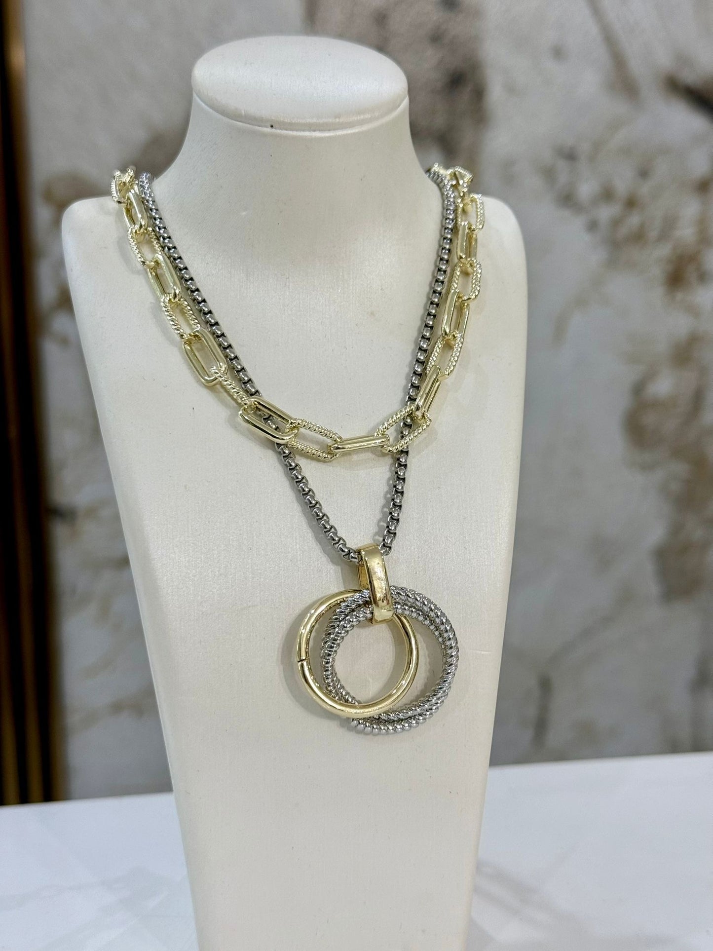 Circle Doble Chain Two Tones Necklace (Gold Plated)