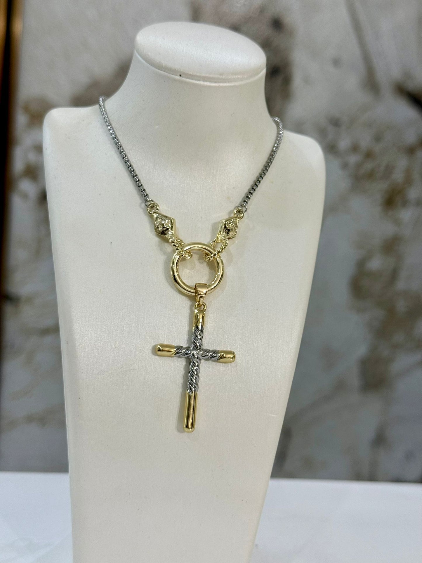 Skinny Cross Two Tones Necklace (Gold Plated)