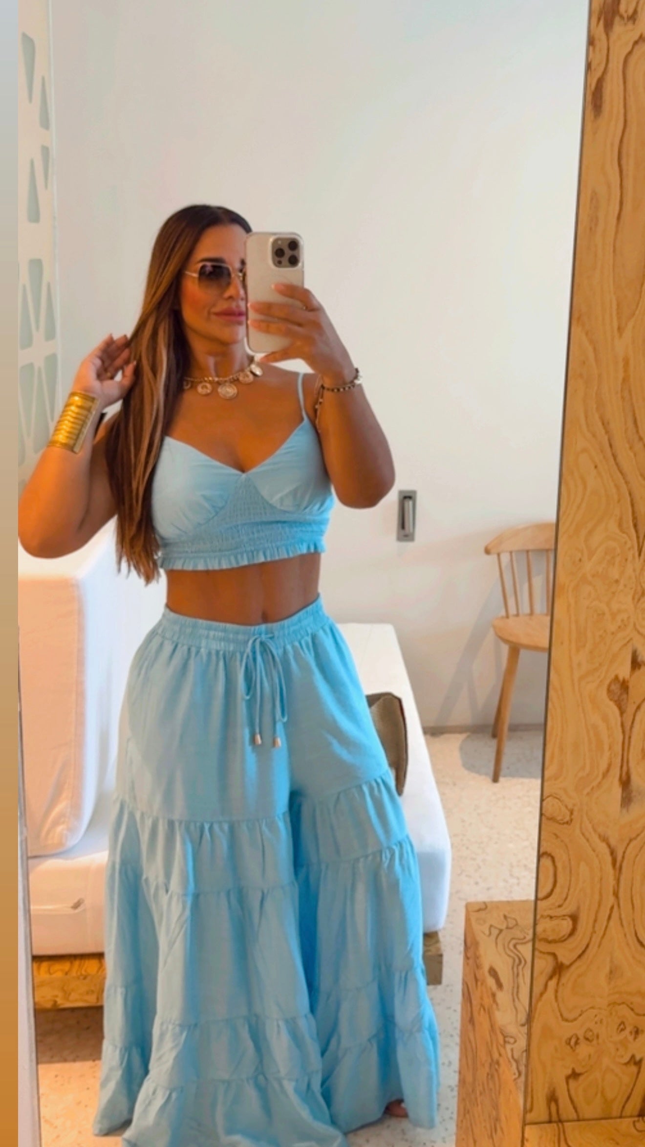 Pyrgos Blue Lino Palazzo Set (spandex)