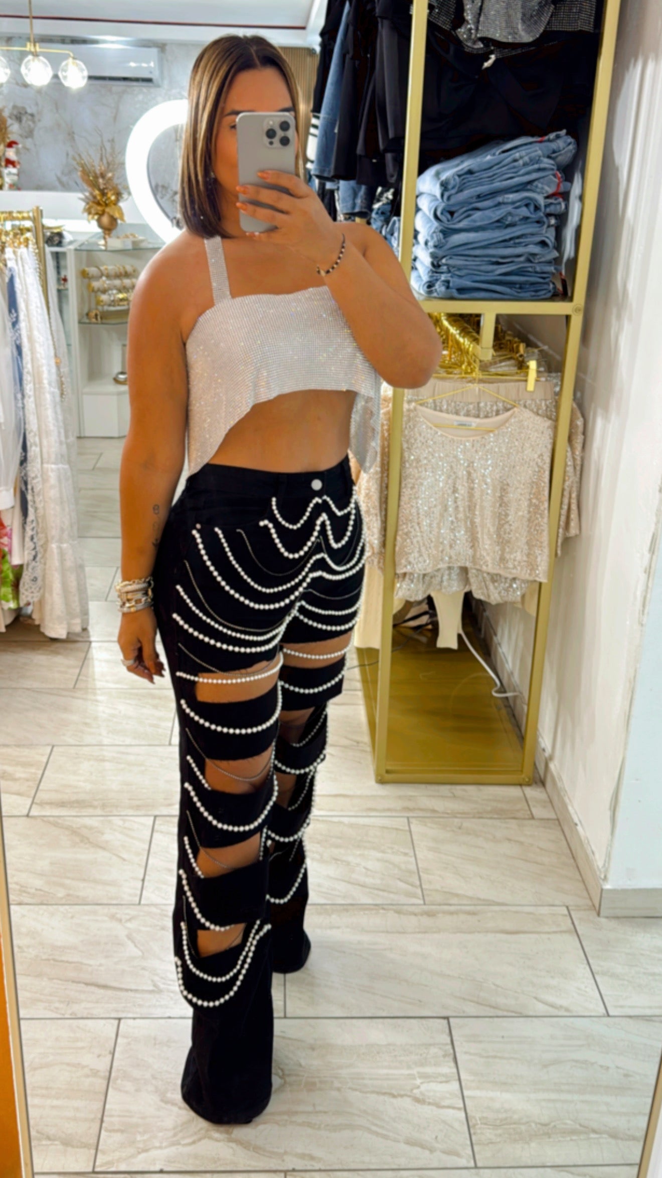 Rhinestone & Pearl Black Pant (stretch) utilicé talla Médium