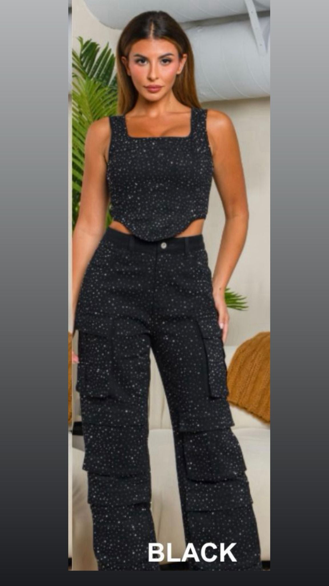 Black Denim Shine Cargo Set (Stretch) Utilice talla M