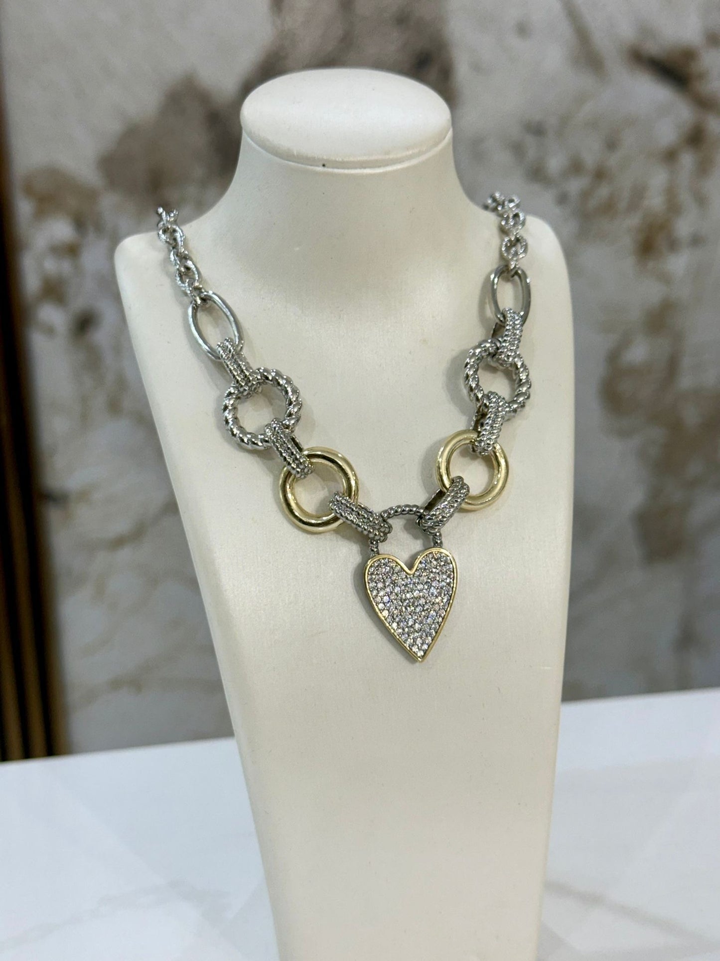 Sparkle Heart Two Tones Necklace (Gold Plated)