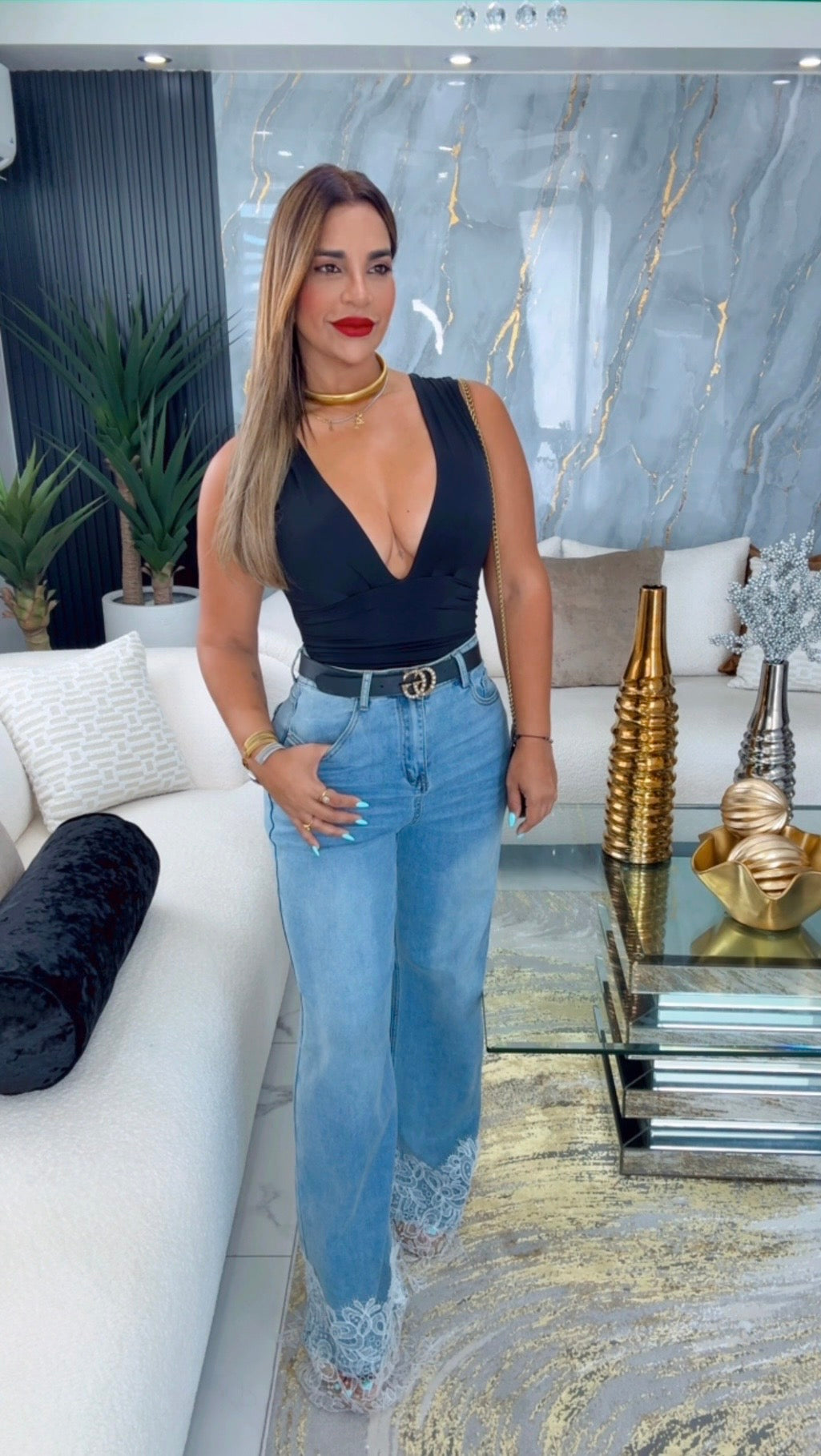 Denim Embroidery Pant (spandex) entalle alto