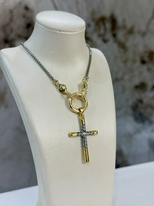 Skinny Cross Two Tones Necklace (Gold Plated)
