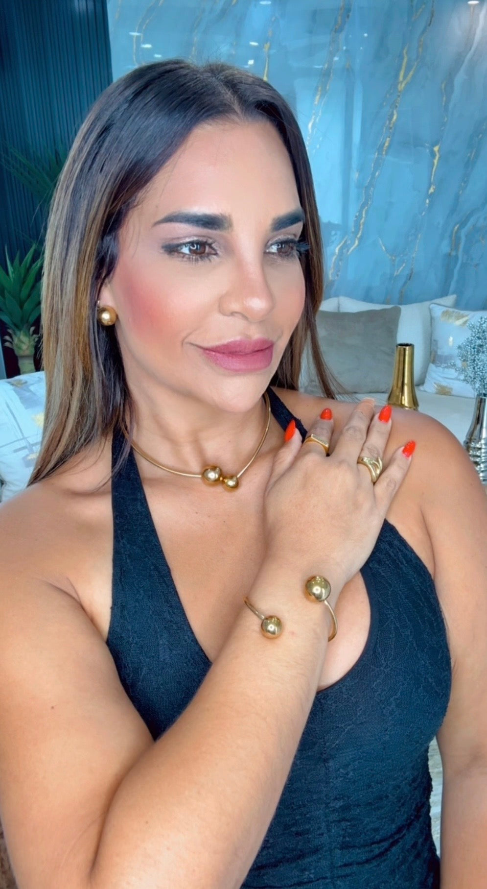 Twice Golden Ball Set (incluye aretes, collar y pulsera (oro acero inoxidable)