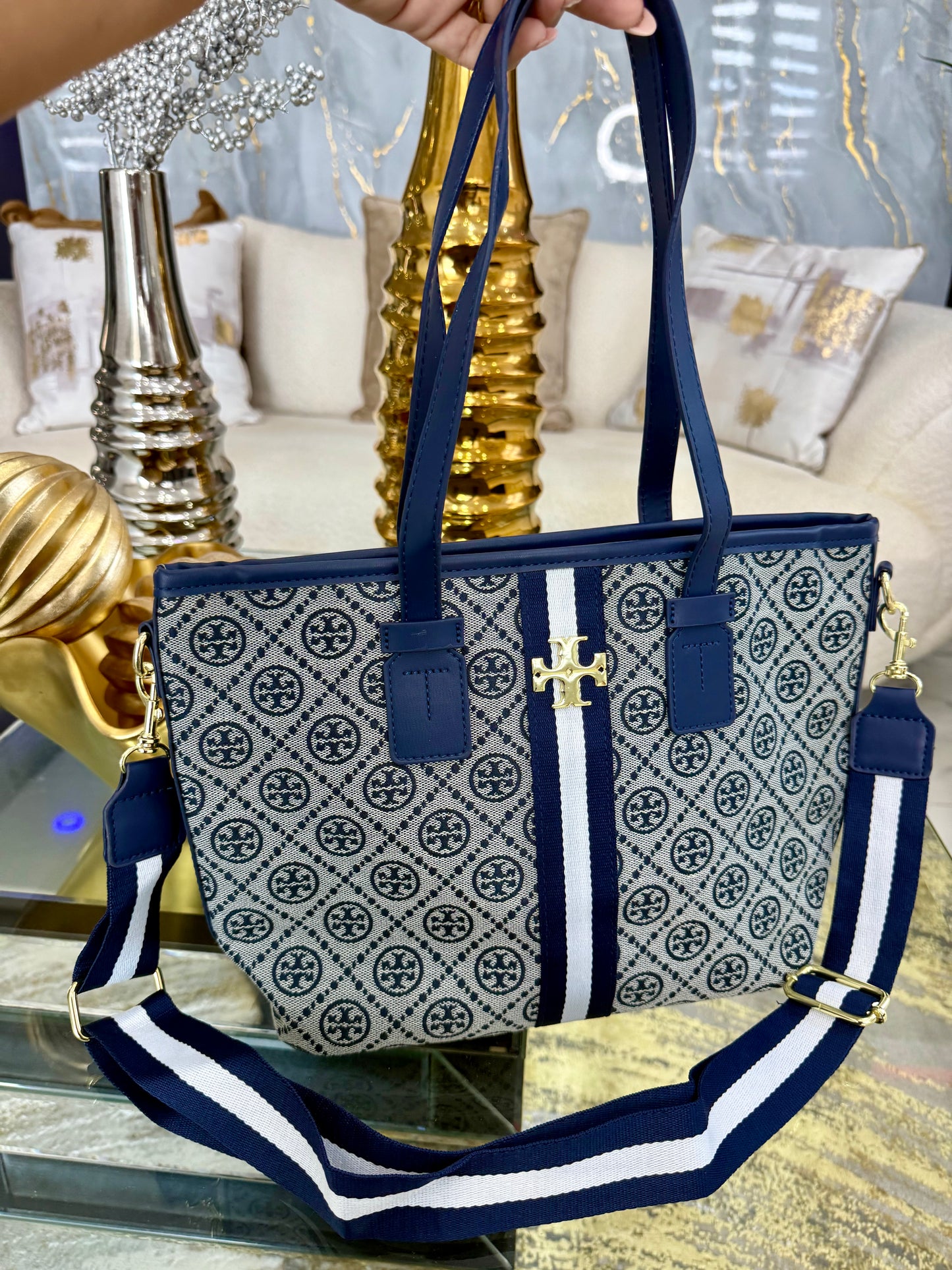 Tory Navy Blue Handbag (tamaño mediano) doble mango