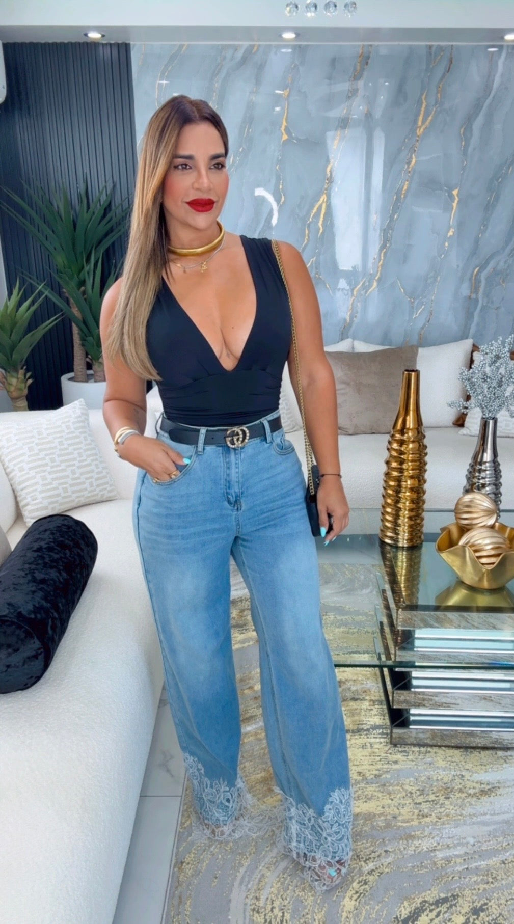 Denim Embroidery Pant (spandex) entalle alto