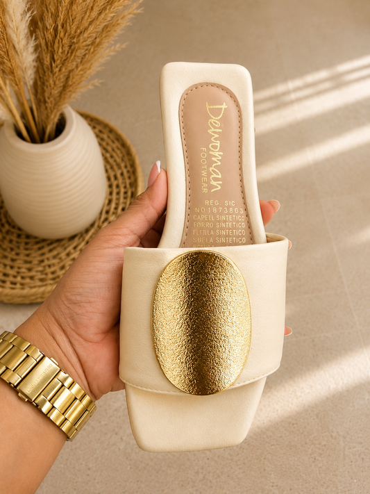 Zanzibar Beige & Gold Flats Sandals