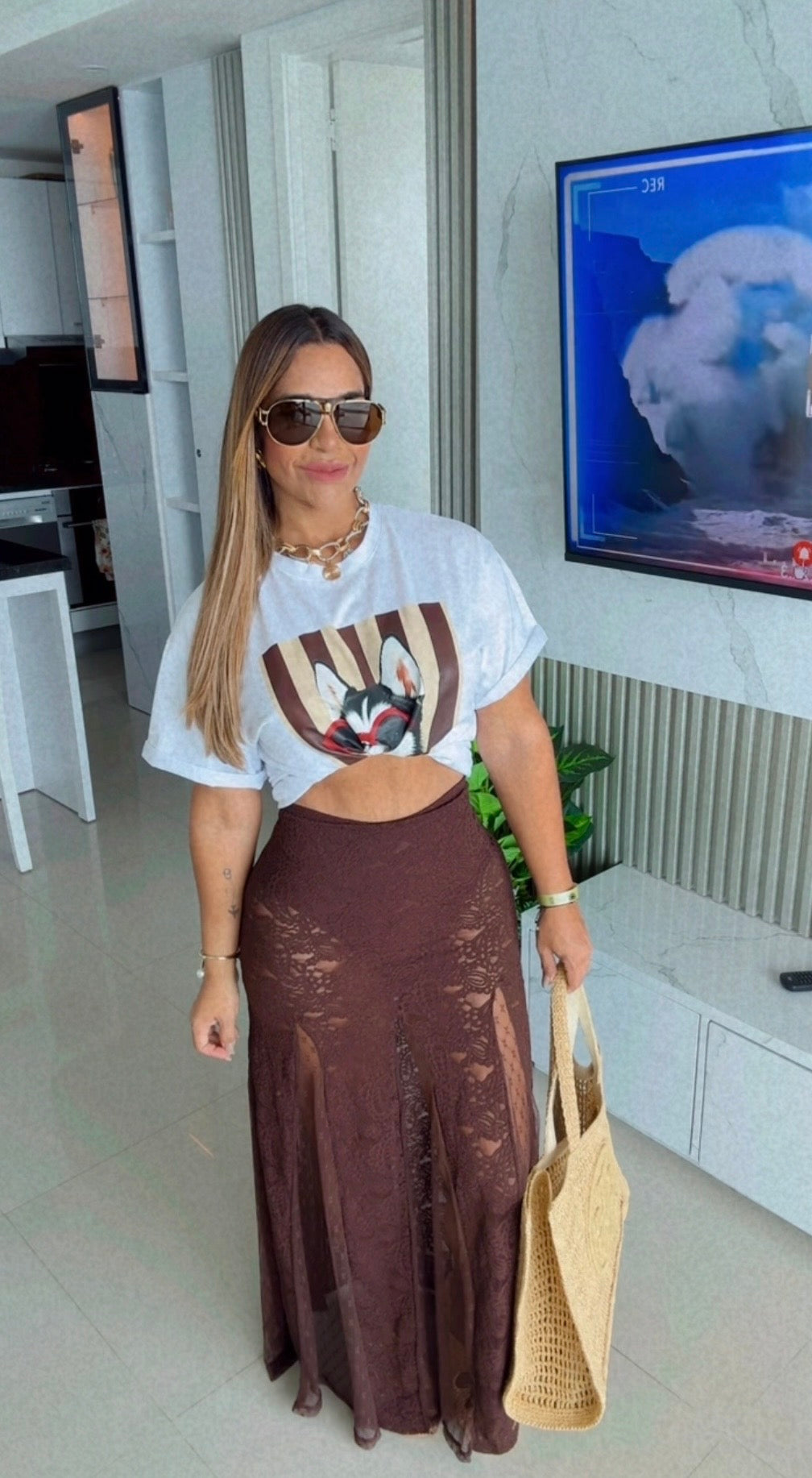 Lace Brown Skirt (spandex) Trae panty integrado