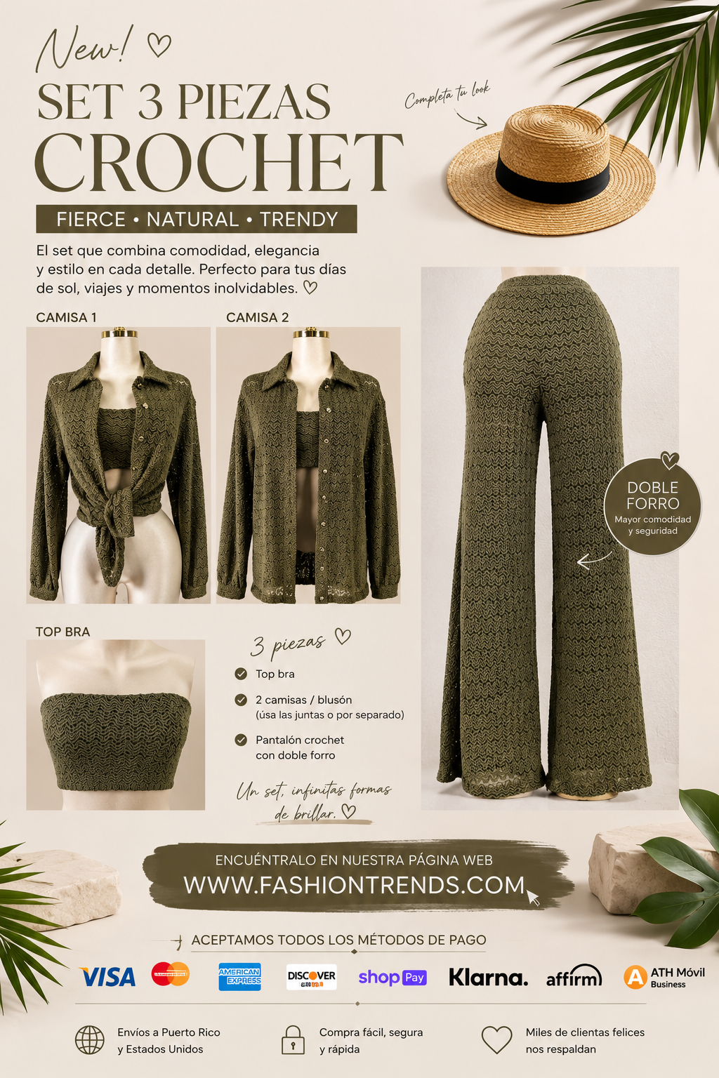 Restock Marina Olive Green Crochet 3 Pieces  (incluye blusón) spandex/ llegan el próximo viernes