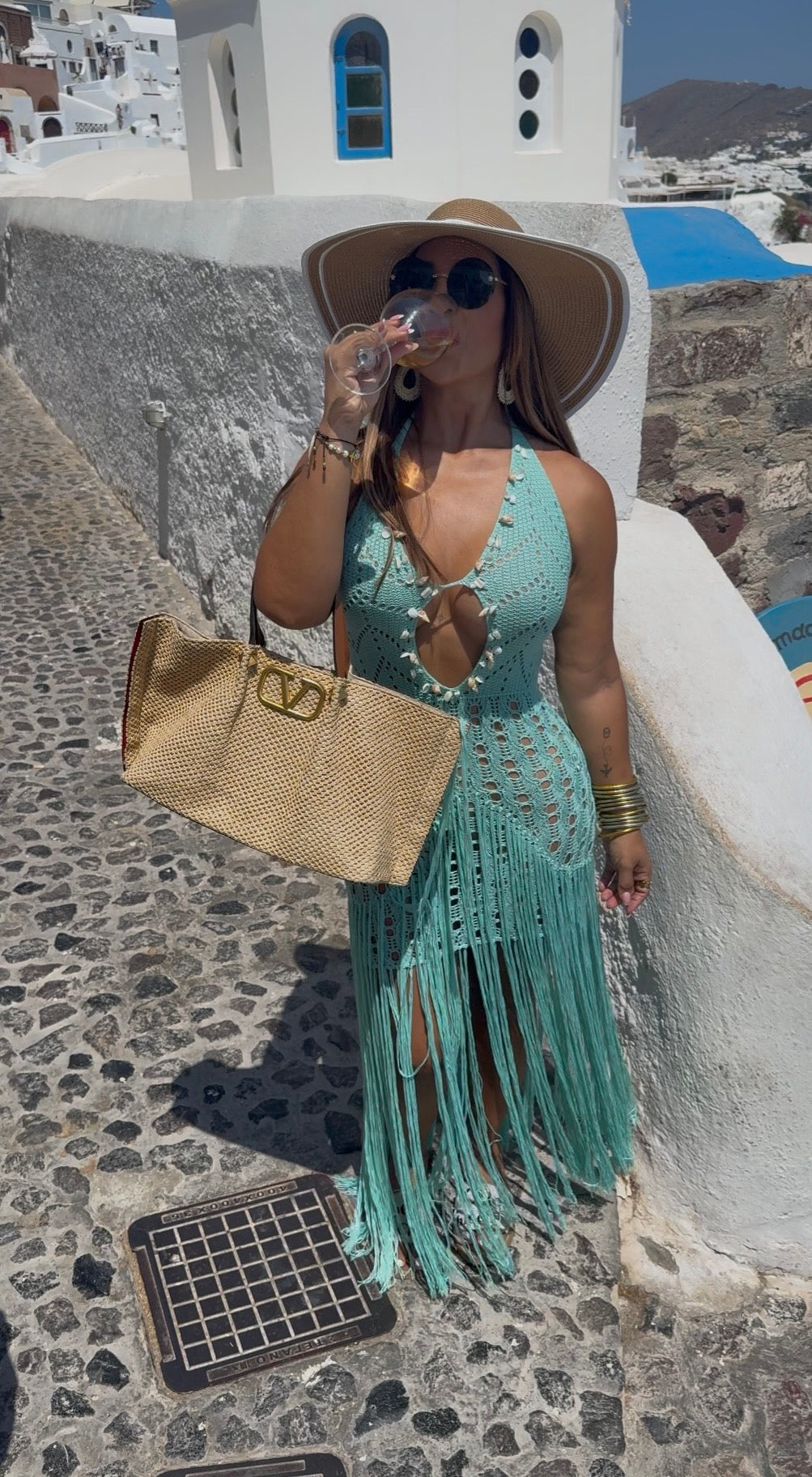 Greek Aqua Blue Crochet Dress (spandex)