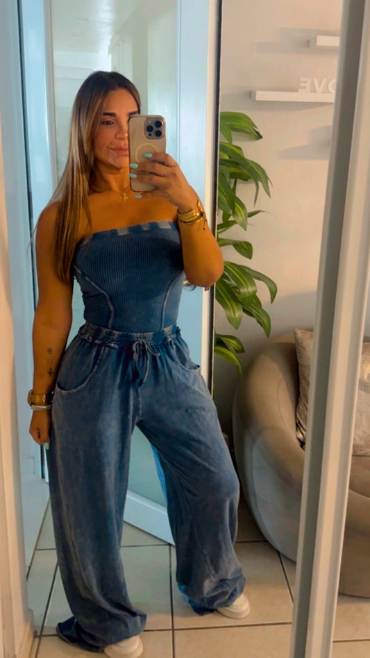 Blue Mineral Wash Jumpsuit (spandex)
