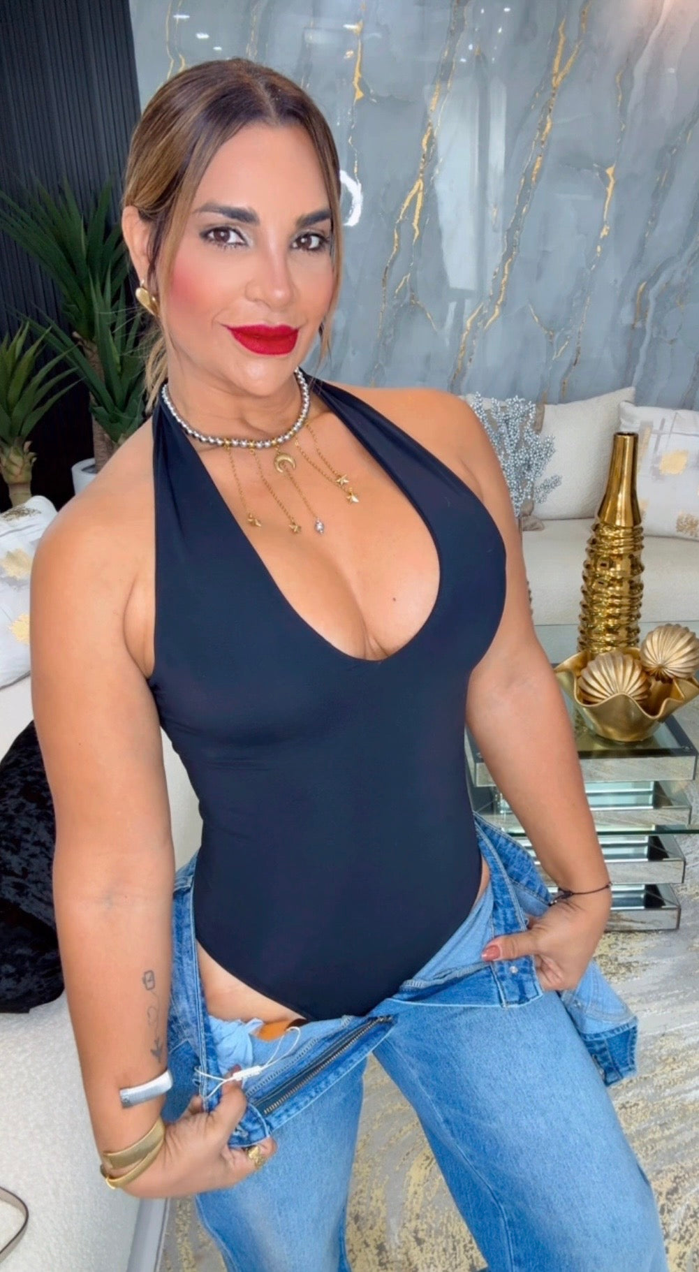 Dynamic Black Halter Bodysuit