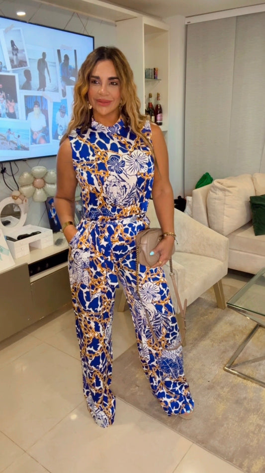 Versace inspired Blue Jumpsuit (utilicé Médium)