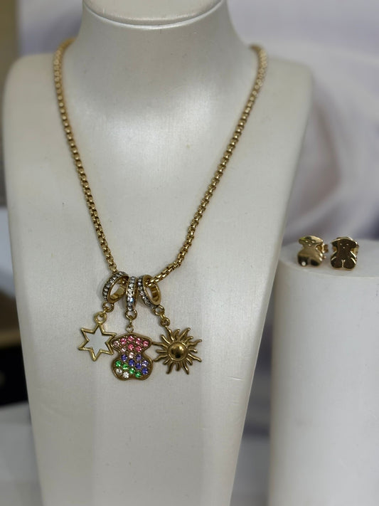 Teddy Necklace with Charms and earrings set