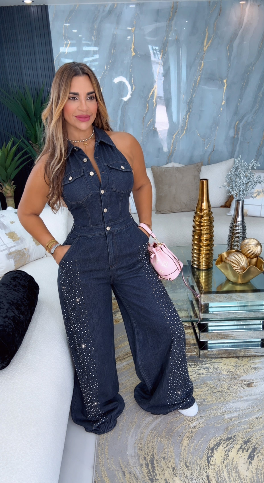 Restock Venus Shine Dark Denim Jumpsuit (spandex) utilicé Médium/ Llegan el Martes
