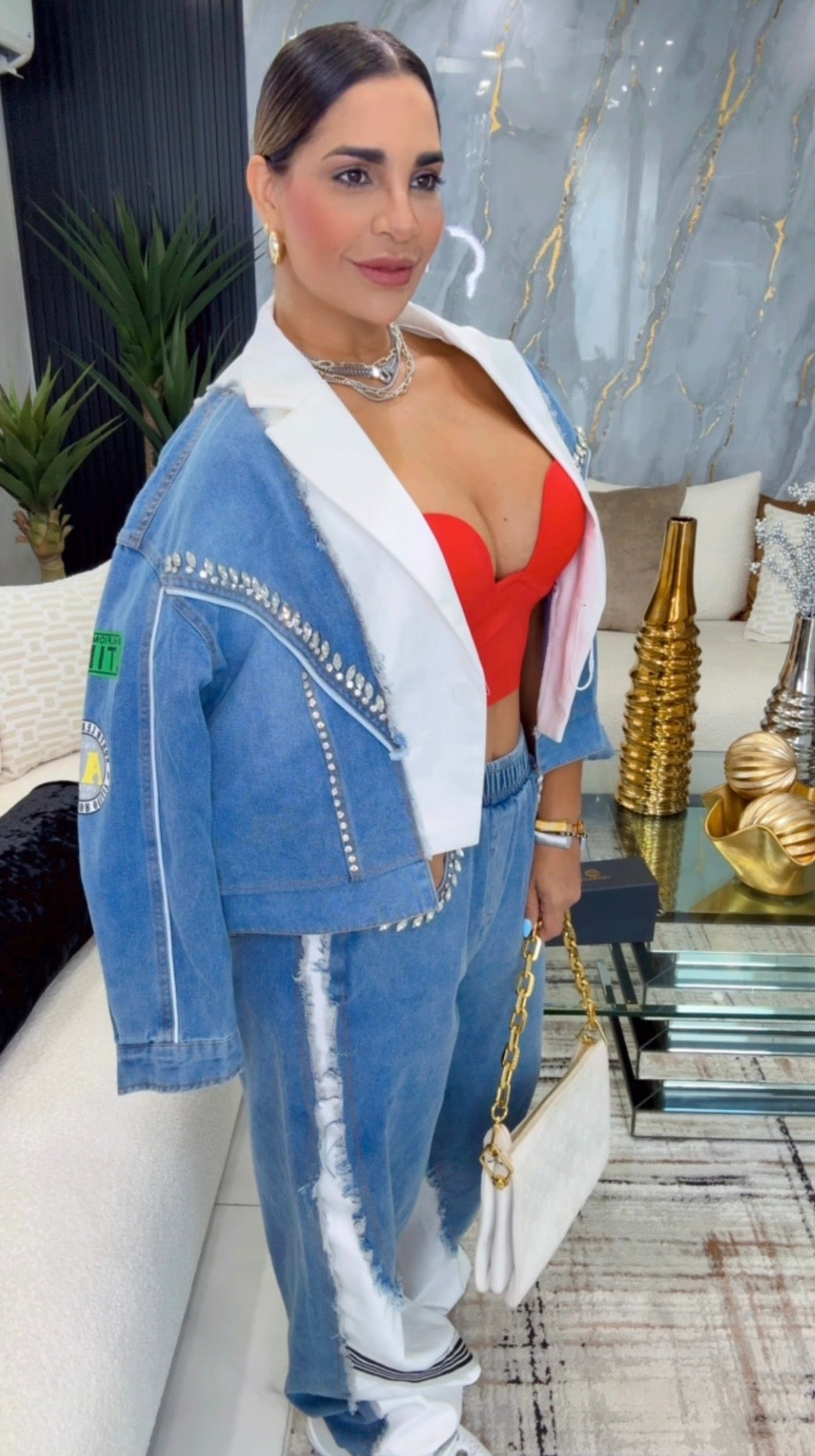 Monaco White Denim Blazer & Pant Set (spandex) utilicé talla S/M