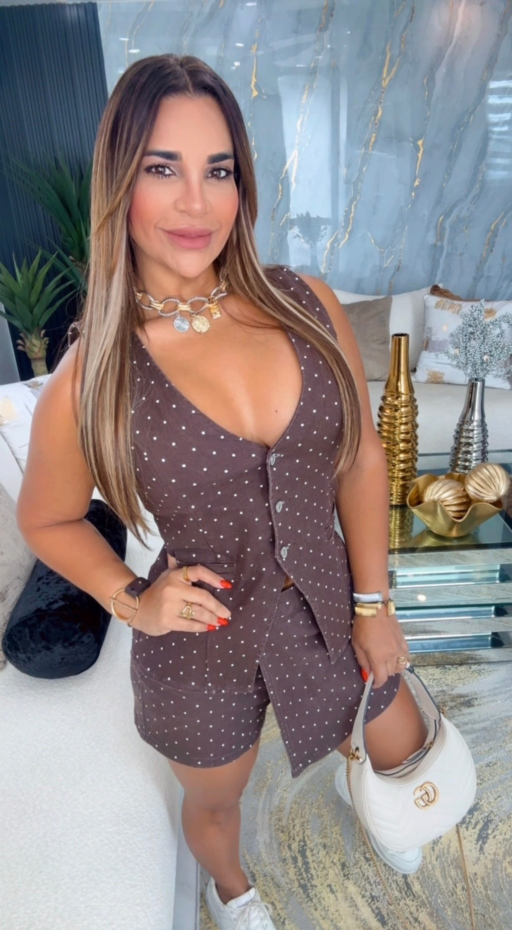 Polka Brown Denim Skort Set (spandex)falda pantalón