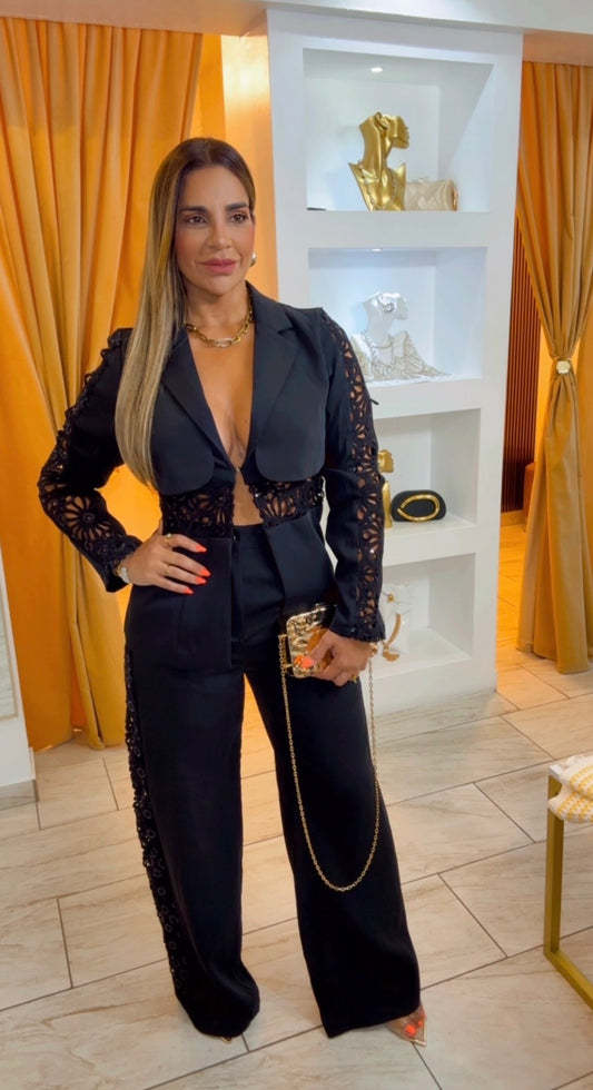 Luxury Black Crochet Blazer Set (utilicé M)