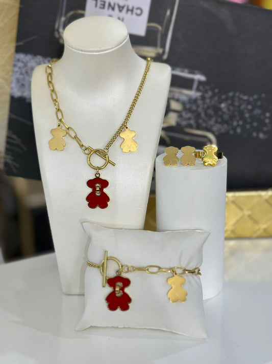 Teddy Bear Gold Multi Charm Set (material oro acero inoxidable) Incluye aretes, sortija , collar con pendant y pulsera