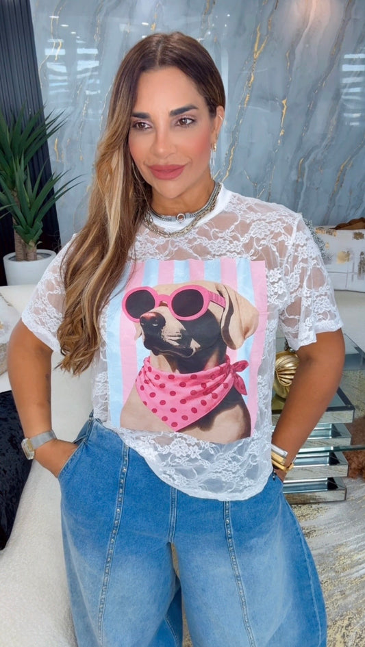 Doggy White Lace Tshirt (spandex)