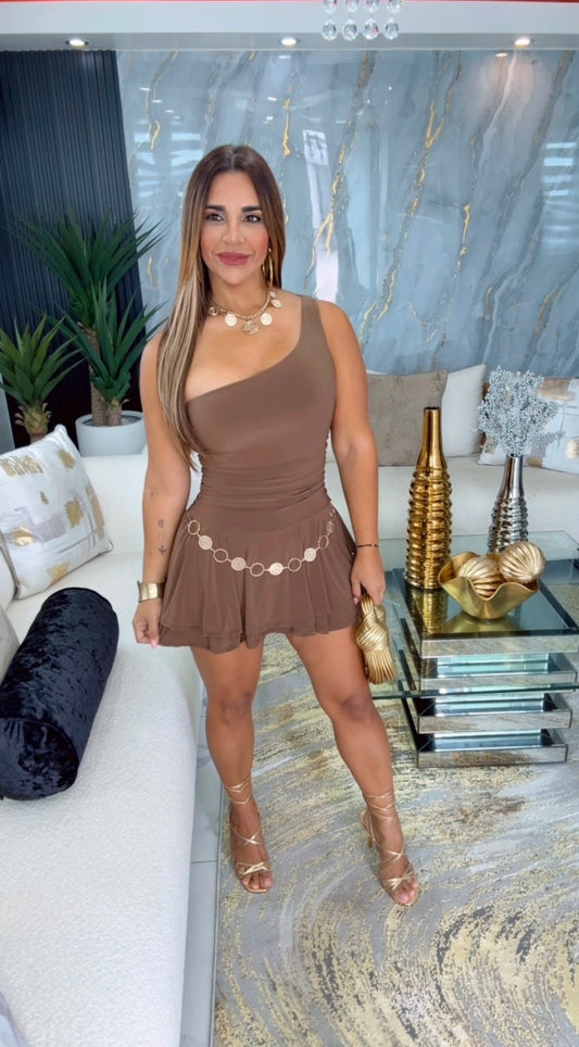 Olmos Brown Dress (trae short integrado) stretch / incluye accesorio