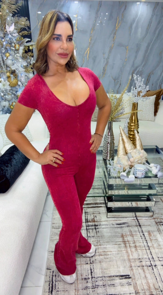 Mineral Wash Burgundy Jumpsuit (spandex)