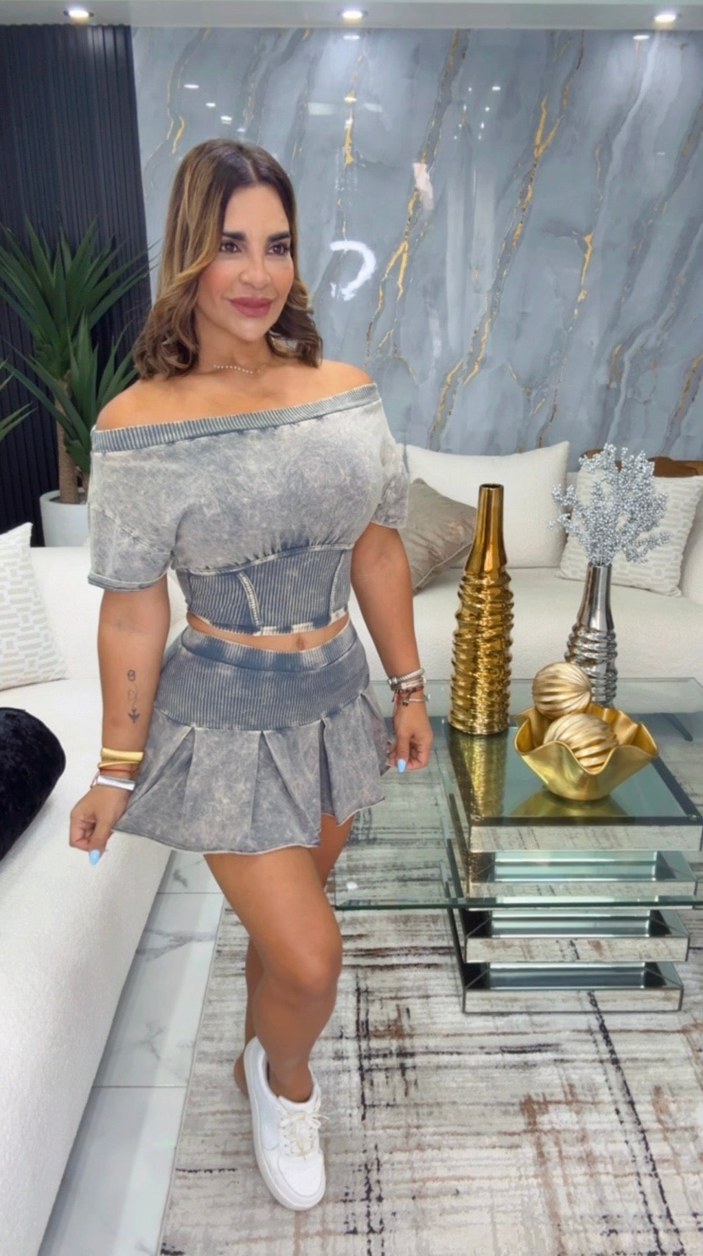 Gray Mineral Wash Skort Set (Trae short integrado) spandex