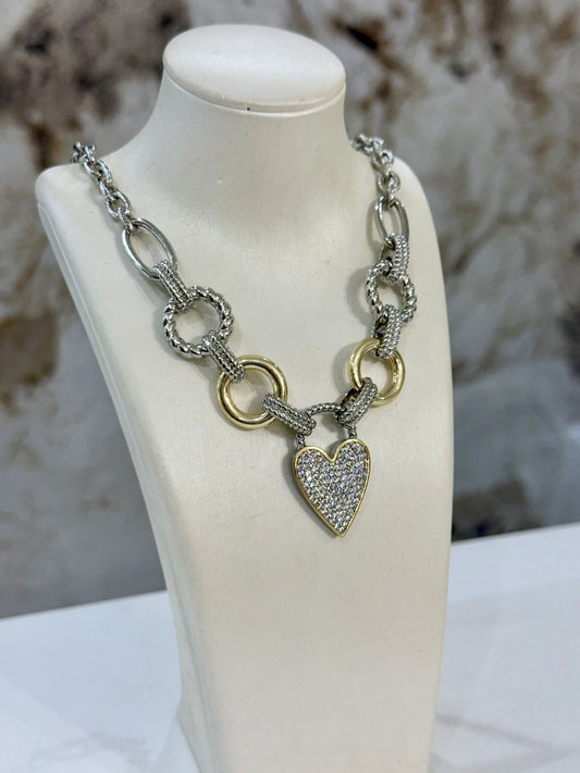 Sparkle Heart Two Tones Necklace (Gold Plated)