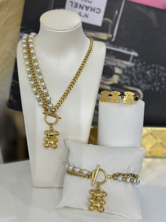 Teddy Bear Pearl Gold Set (oro acero inoxidable) incluye aretes , sortija, collar con pendant y pulsera