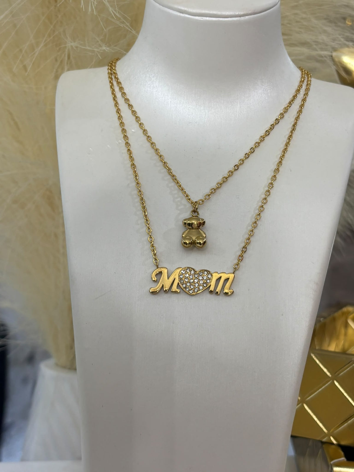 Teddy Mom Doble Golden Necklace (acero inoxidable)