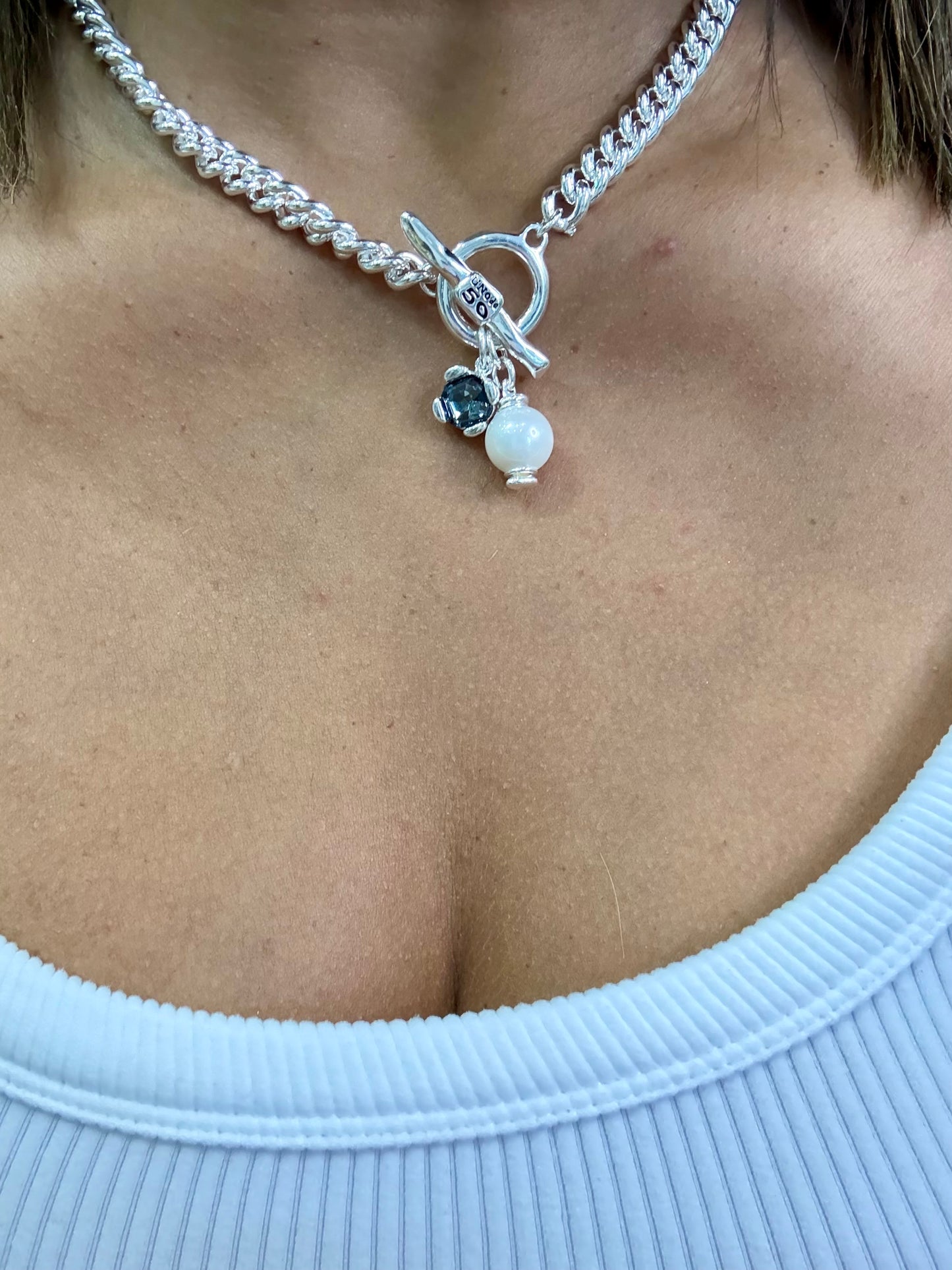 Uno Blue & Pearl Charms Necklace (silver 925)