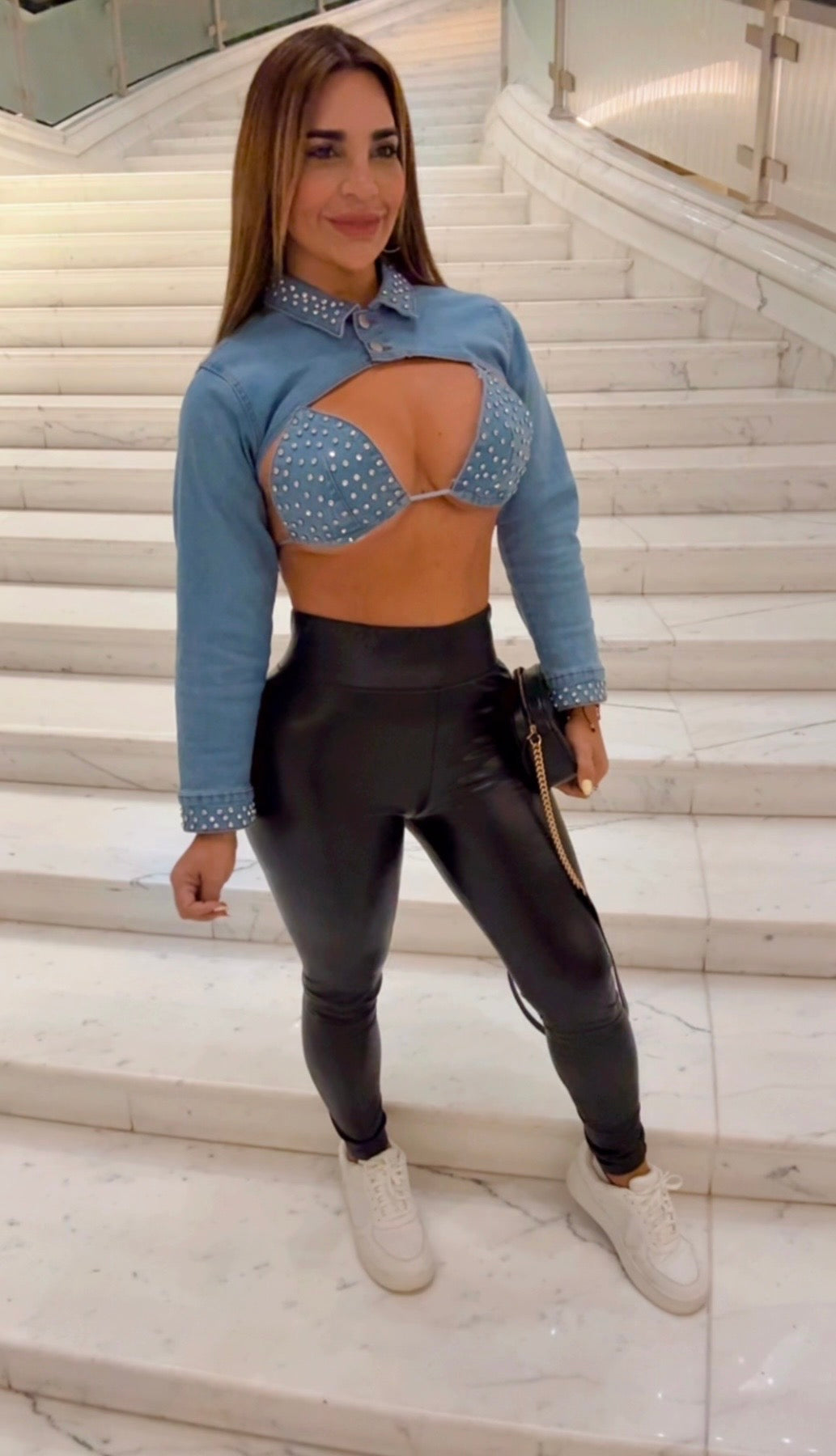 Shangai Rhinestone Denim 2 pieces Jacket Set (spandex)