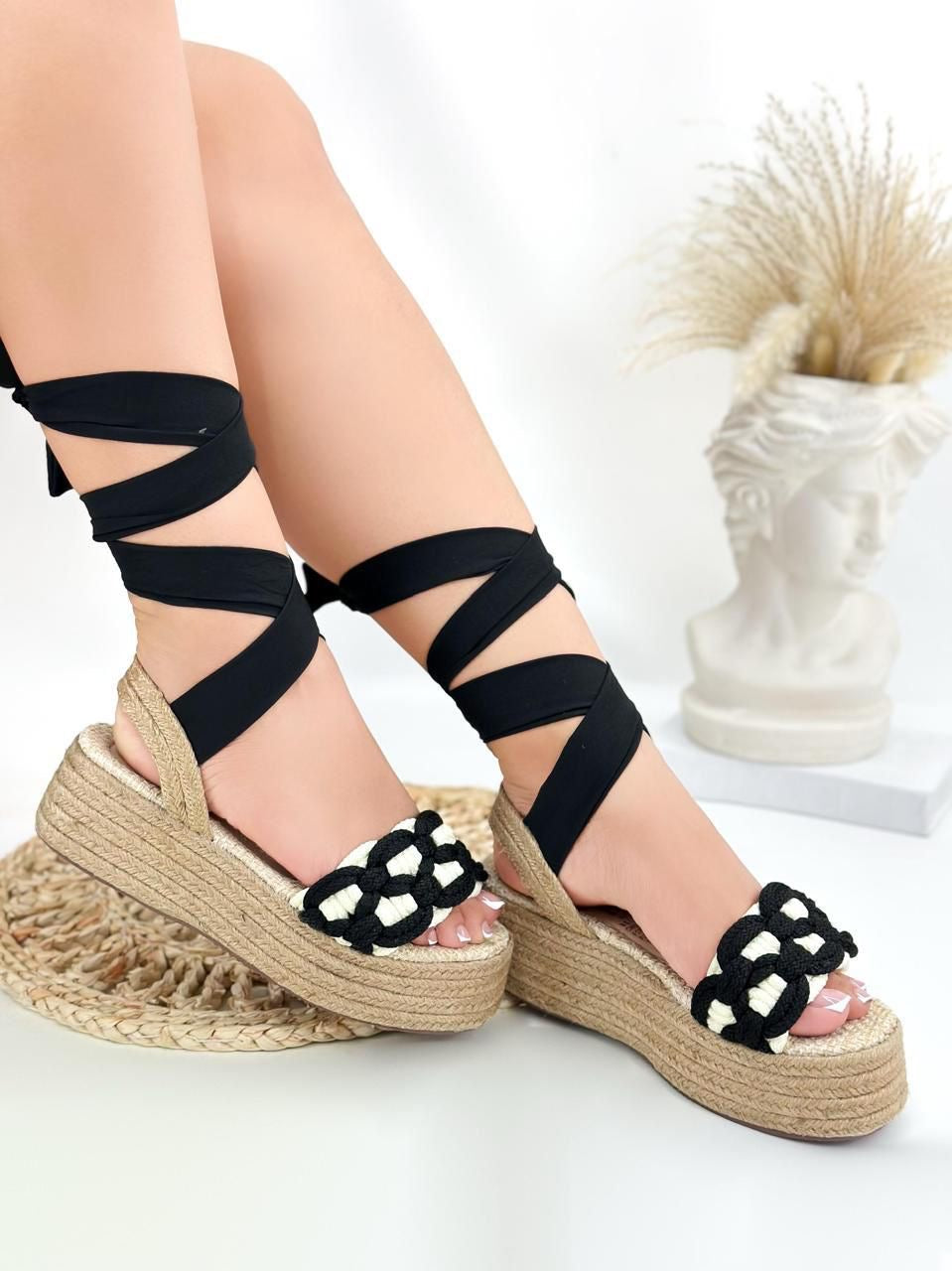 Valentina Black And Beige Sandals
