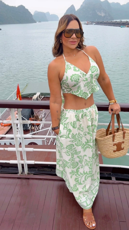 Da Nang Green & Beige Set (spandex) utilicé talla Médium