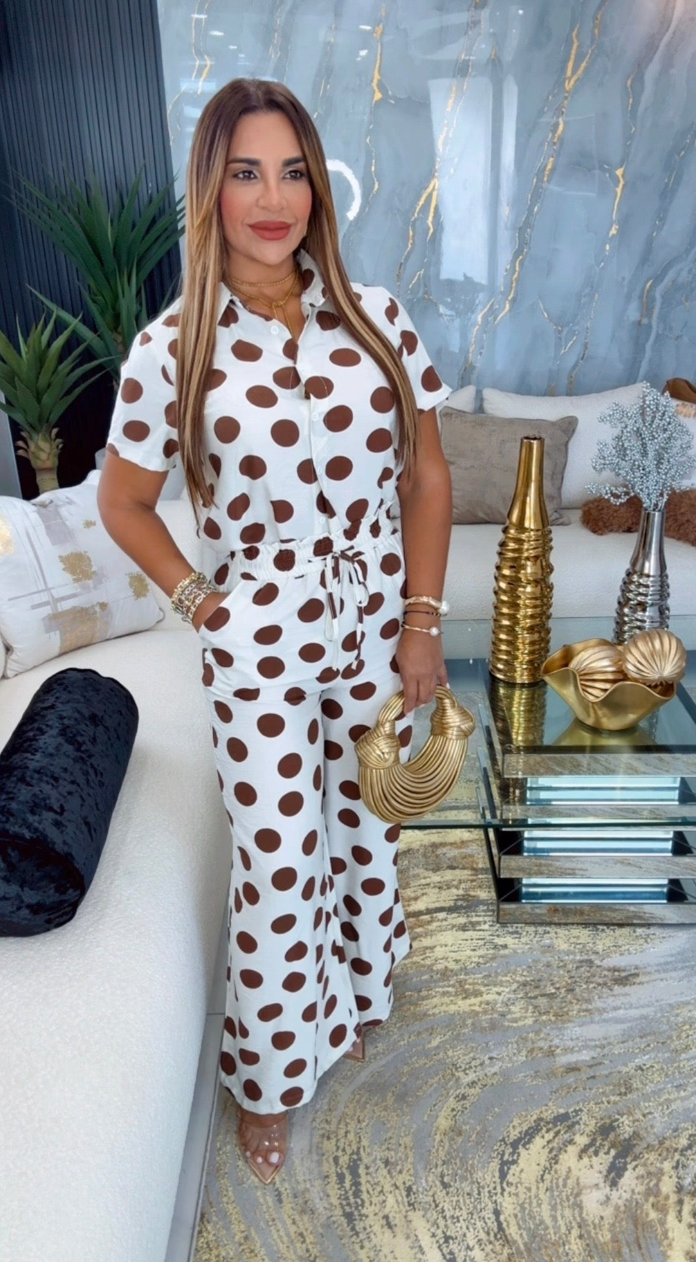 Polka Dots Beige & Brown Lino Set (spandex)