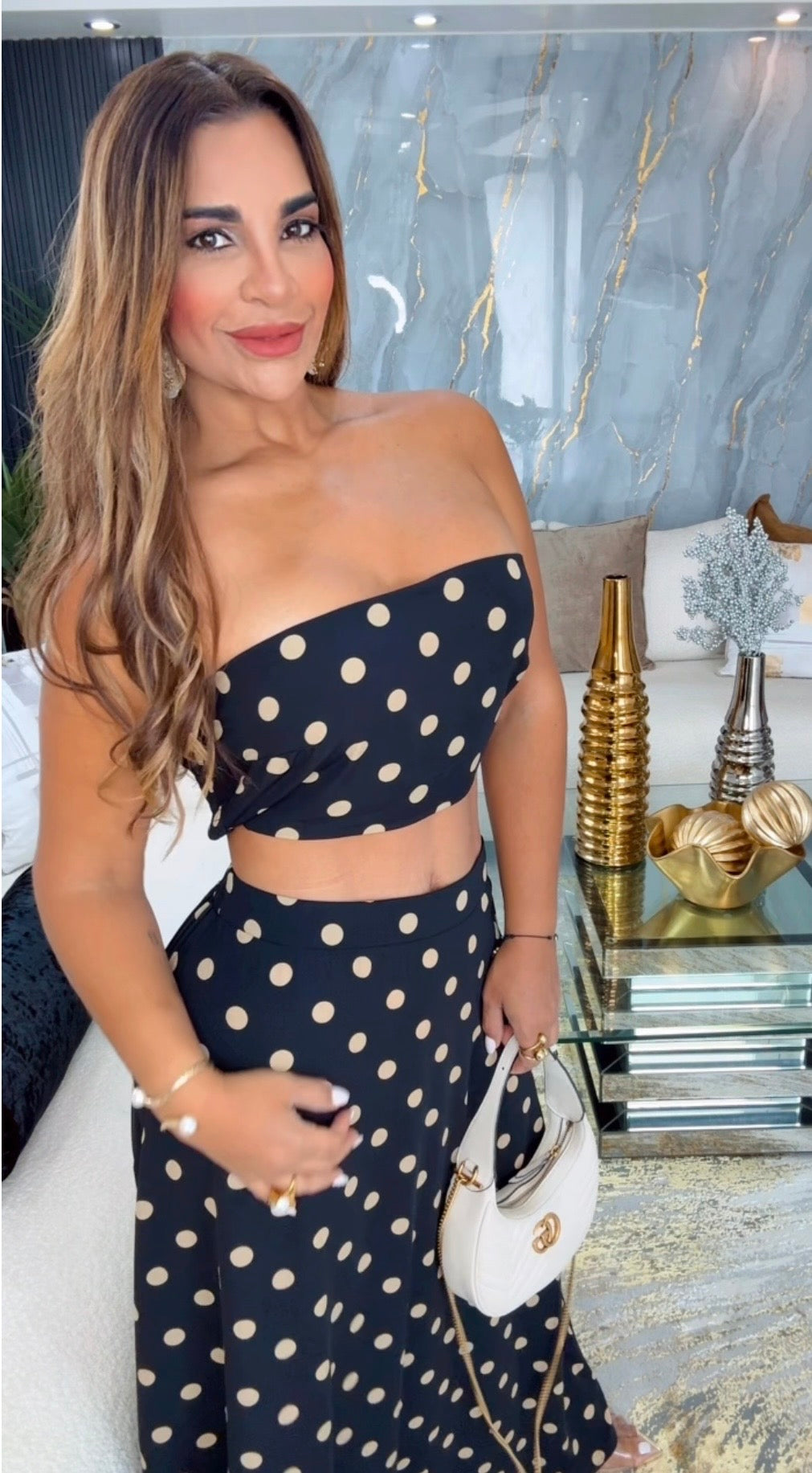 Polka Dots Black & Beige Skirt Set (super spandex)