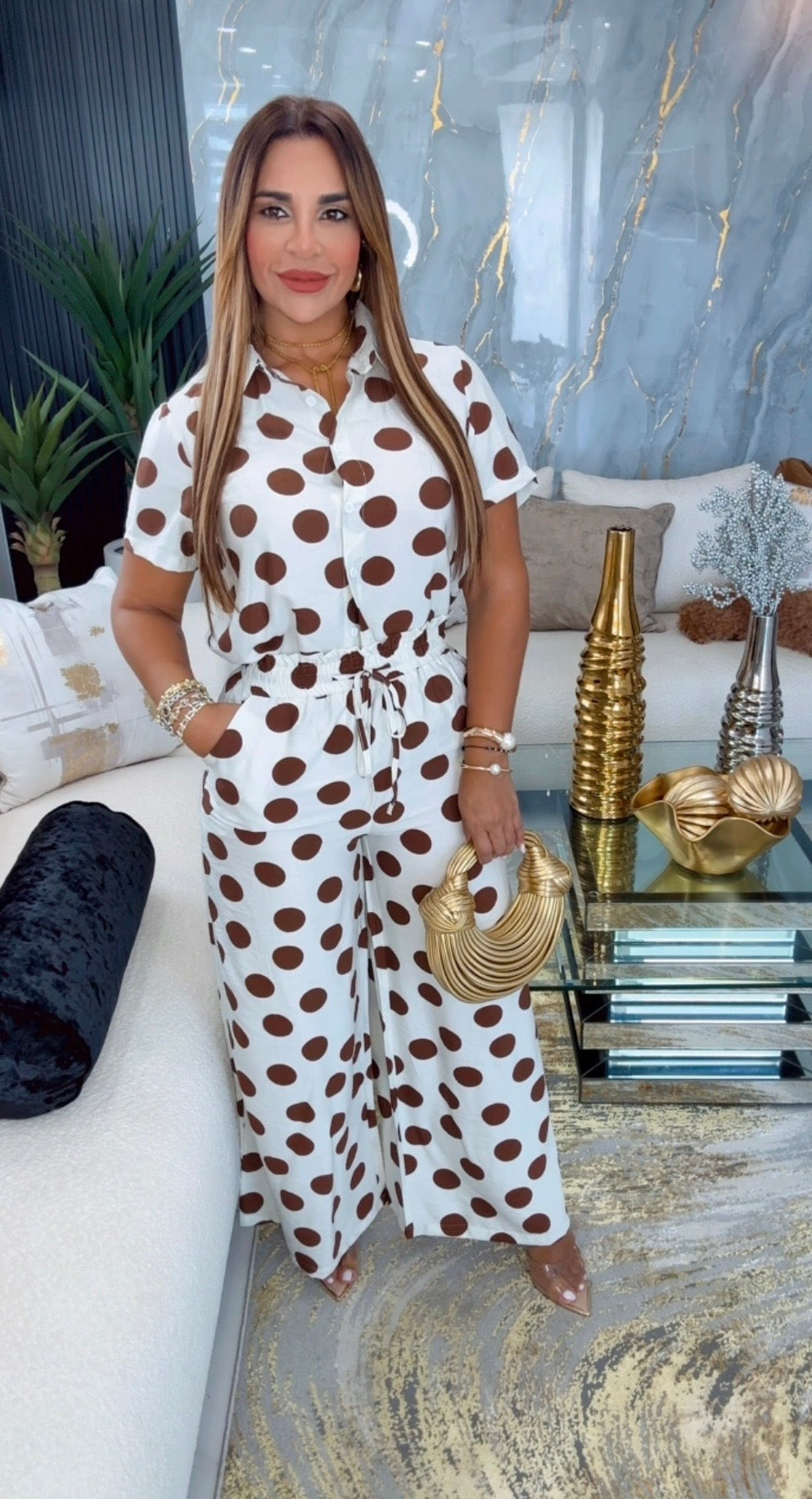 Polka Dots Beige & Brown Lino Set (spandex)