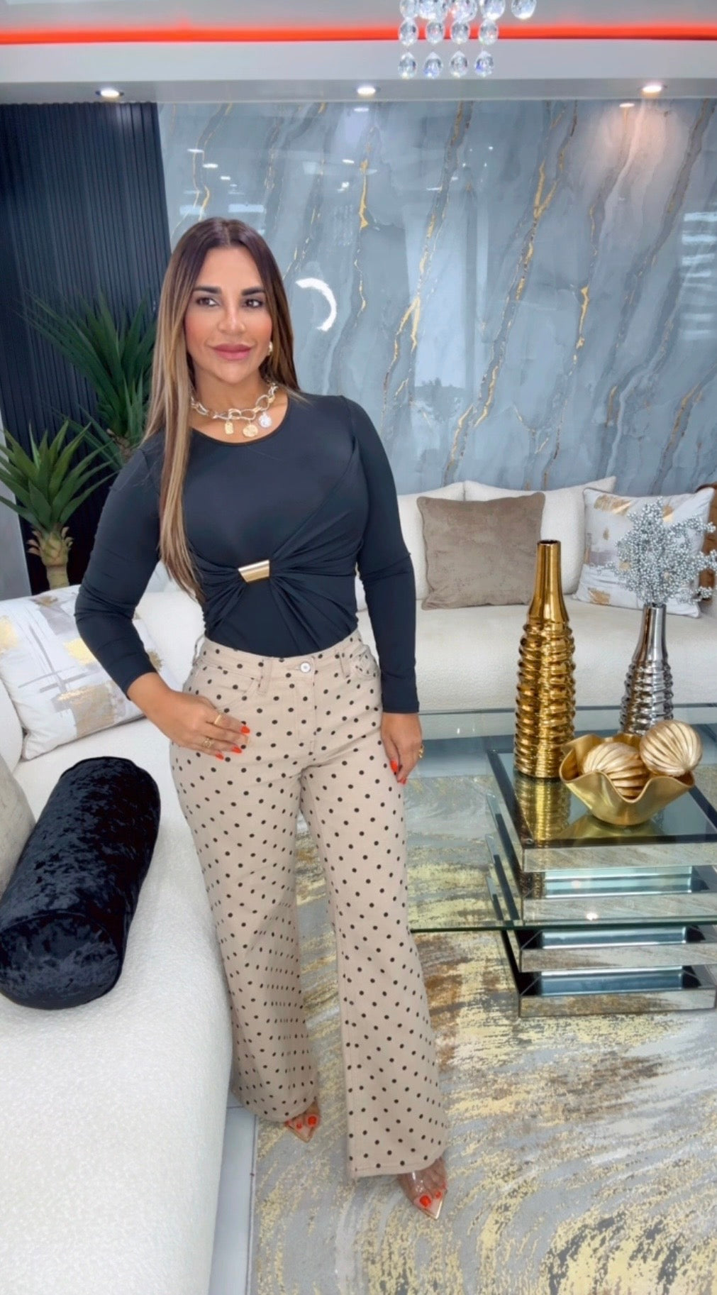 Polka Dots Denim Beige Pant (spandex)