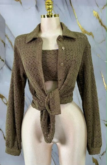 Restock Marina Olive Green Crochet 3 Pieces  (incluye blusón) spandex/ llegan el próximo viernes