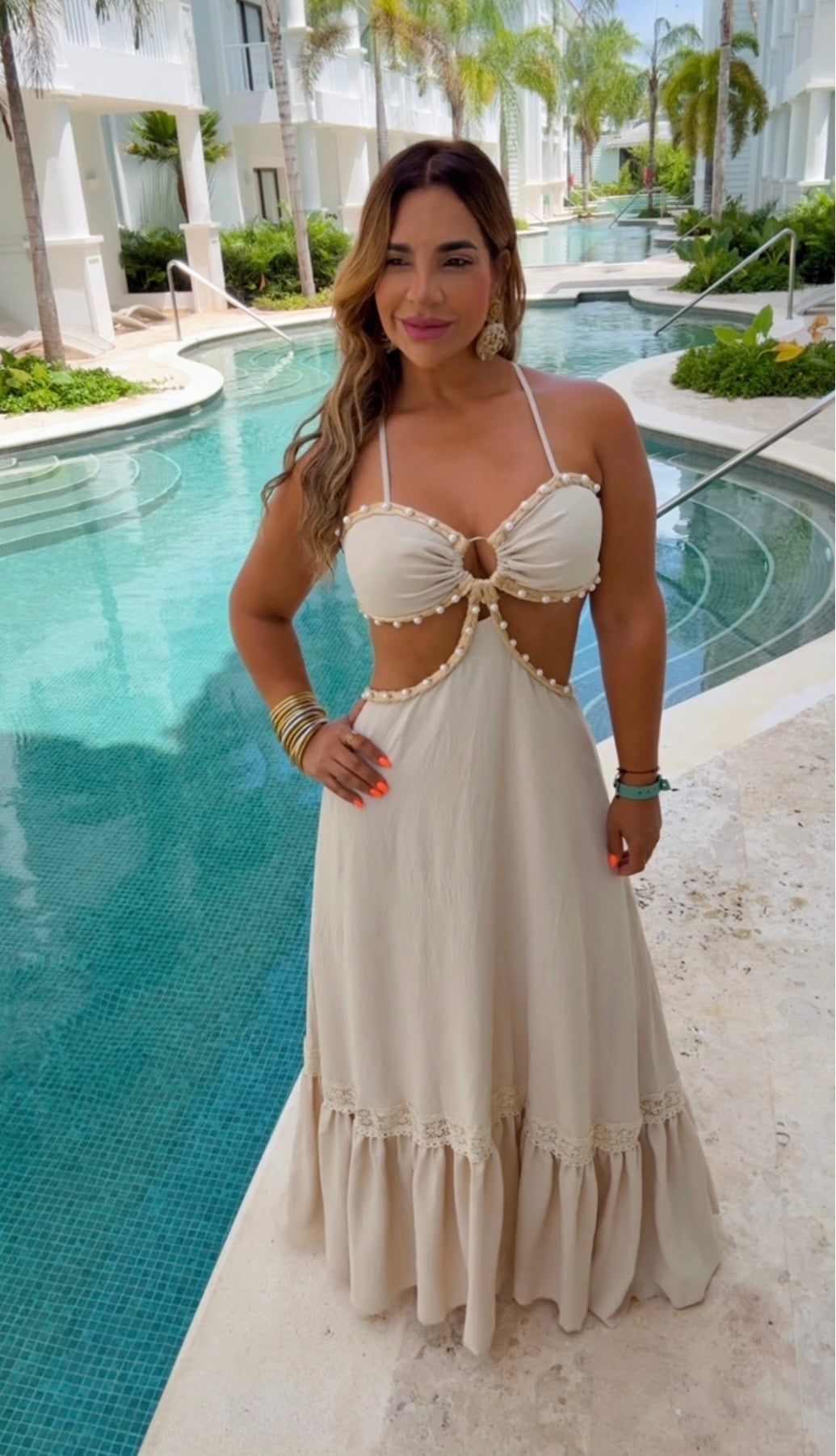 Saona Beige Crochet & Pearl Dress (spandex) colección 🇨🇴
