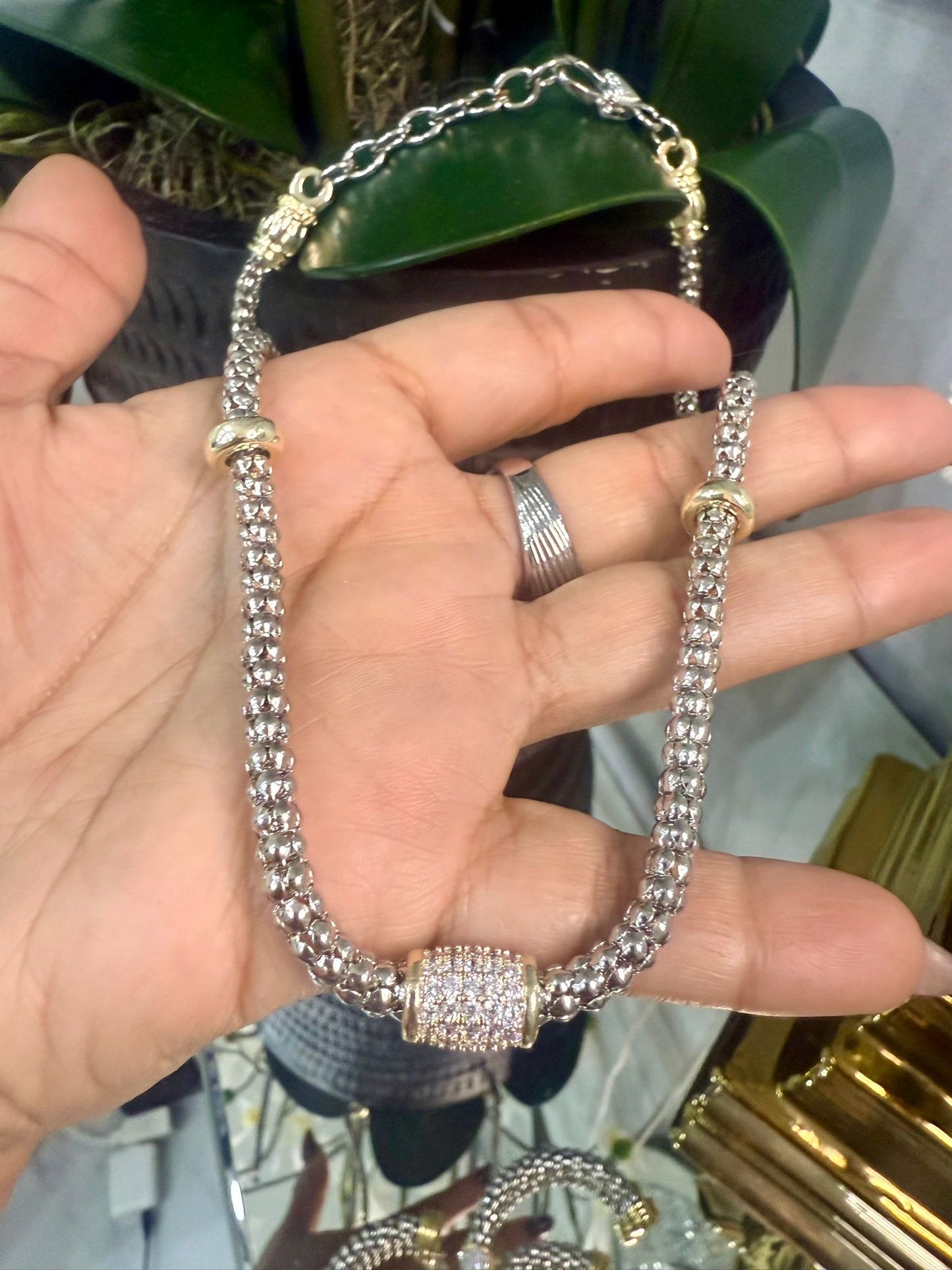 Shine Crystal Necklace (Two Tones) (Gold Plated)