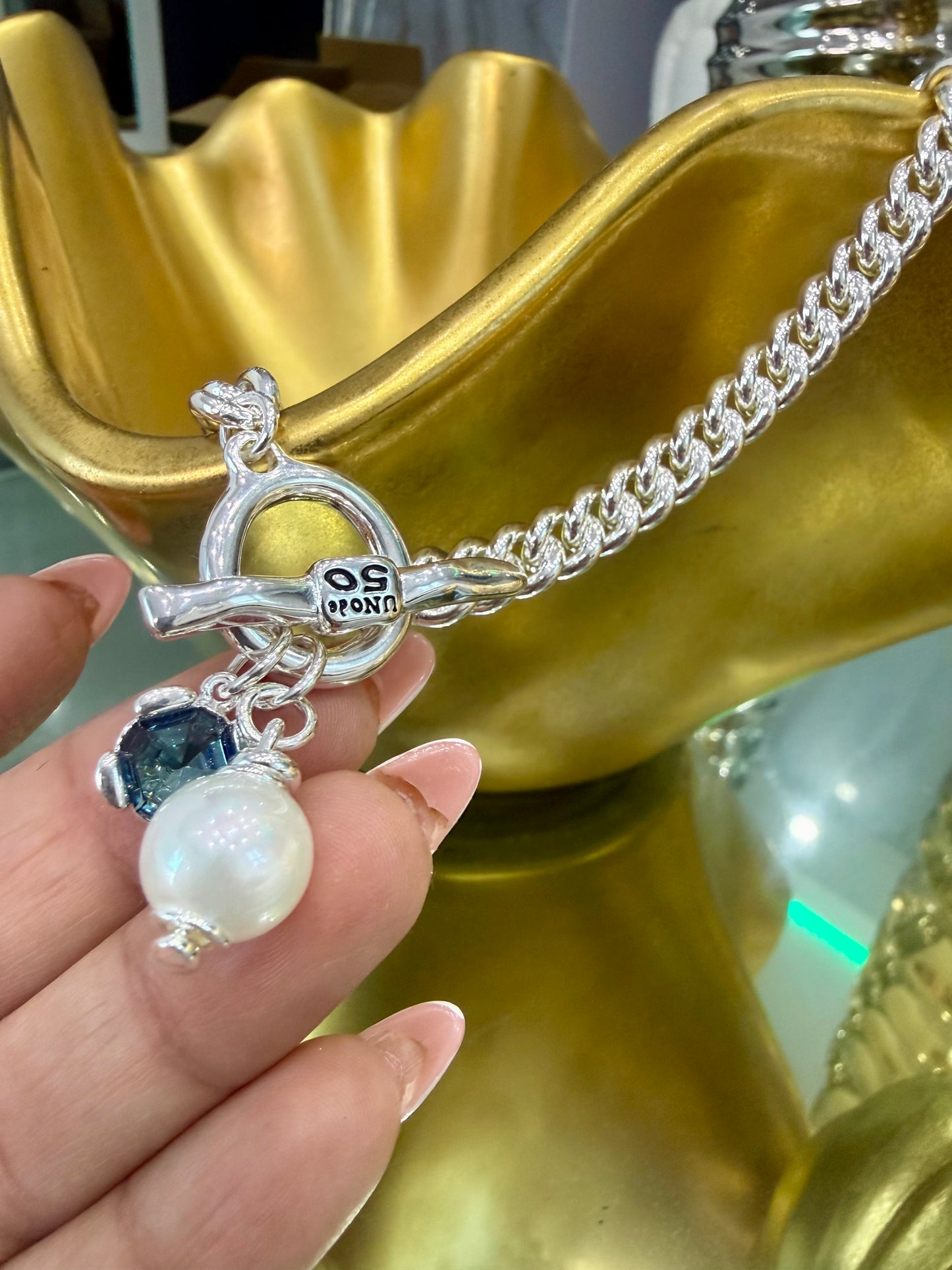 Uno Blue & Pearl Charms Necklace (silver 925)