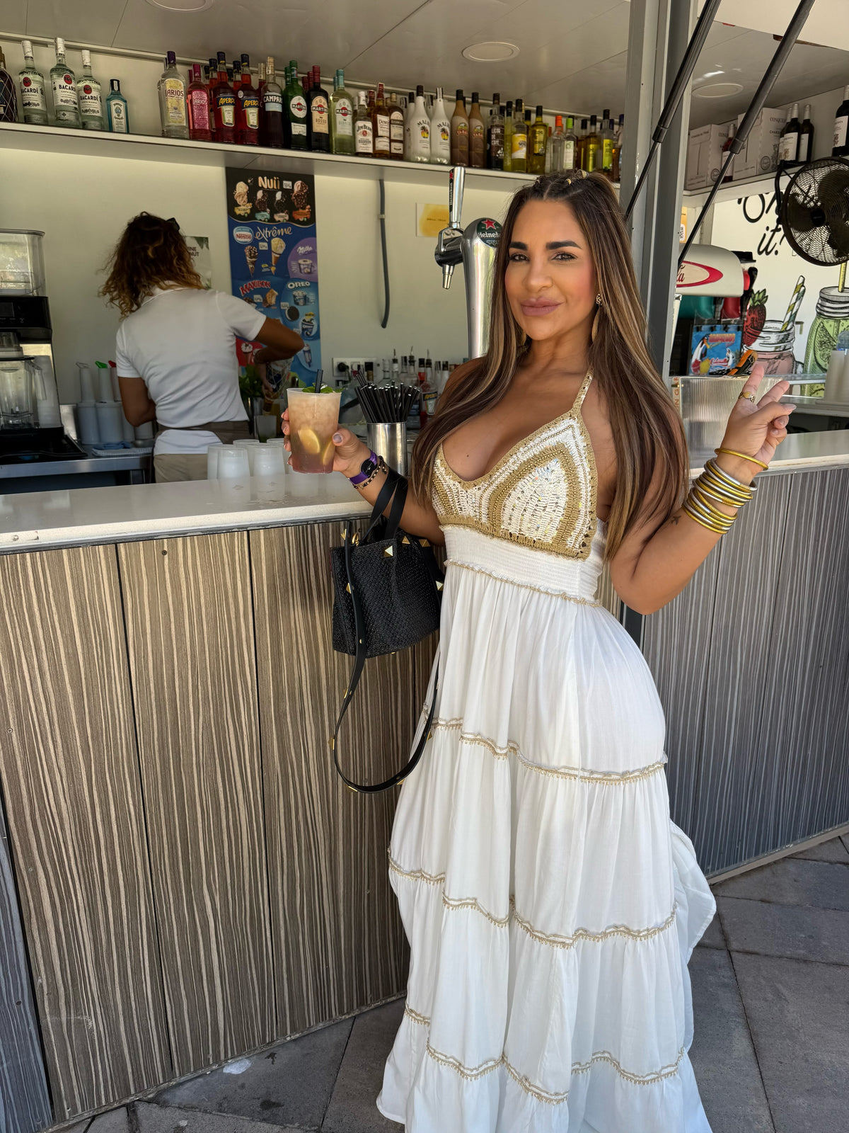 Restock Marina White & Gold Crochet Maxi Dress (spandex) colección 🇮🇳 doble forro/ Llegan el sábado